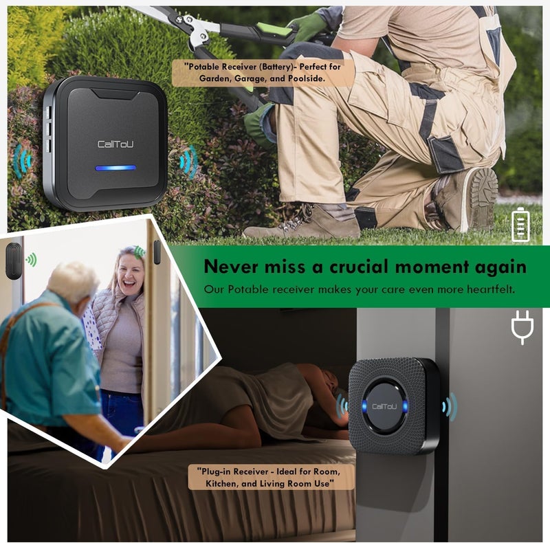 CallToU Caregiver Pager Door Chime for Dementia/Patients/Alzheimers /Kids Safety/Home Security, Door Sensor Alarm with 2 Sensor and 2 Receiver, 500FT Wireless Range - Image 3